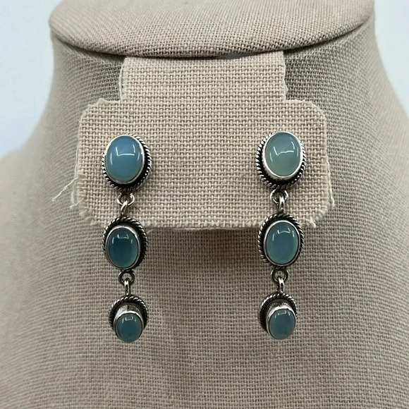 Navajo-Inspired Sterling Silver & Blue Chalcedony Drop Earrings - Picture 3 of 8
